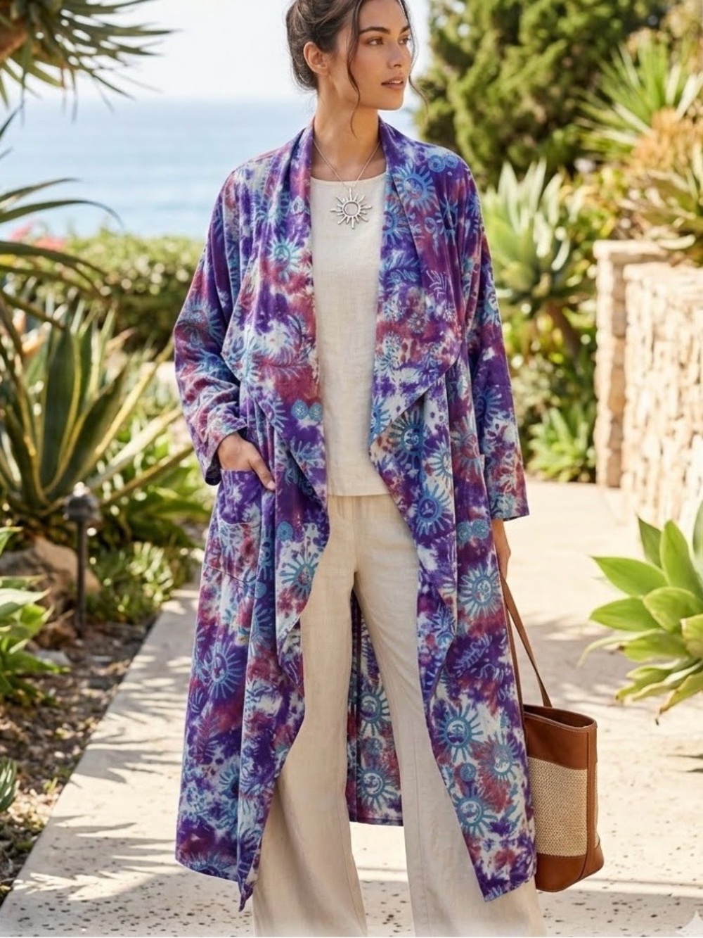 SPLASH tie-dye trench style cardigan duster celestial sun motif EUC plus size
